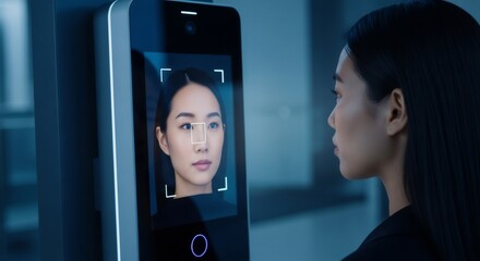 Wall Mural - young asian woman standing in front of biometric scanner doing face recognition. biometric identity 