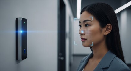 Wall Mural - asian woman using facial recognition device for access. biometric security scan system for modern of