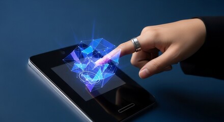 Wall Mural - woman using biometric authentication on tablet. futuristic digital security and identity verificatio