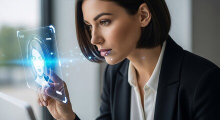 Wall Mural - a woman interacting with a holographic display featuring biometric identification. future technology
