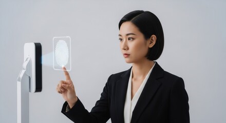 Wall Mural - an asian woman uses finger scan biometric security access. fingerprint recognition system for identi