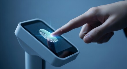 Wall Mural - a woman's finger activates a biometric scanner with a glowing fingerprint for secure access or ident