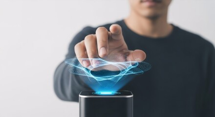 Wall Mural - a man interacting with a futuristic device displaying an abstract biometric wave. innovative technol