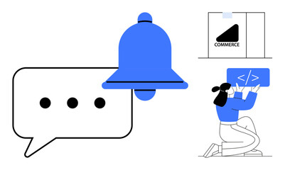 Chat bubble with typing dots, blue alert bell, person coding on laptop, and e-commerce store logo. Ideal for communication, coding, e-commerce, notifications, online shopping digital marketing