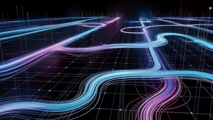Digital network data flow showing abstract internet connection with blue and pink streams, symbolizing advanced technology