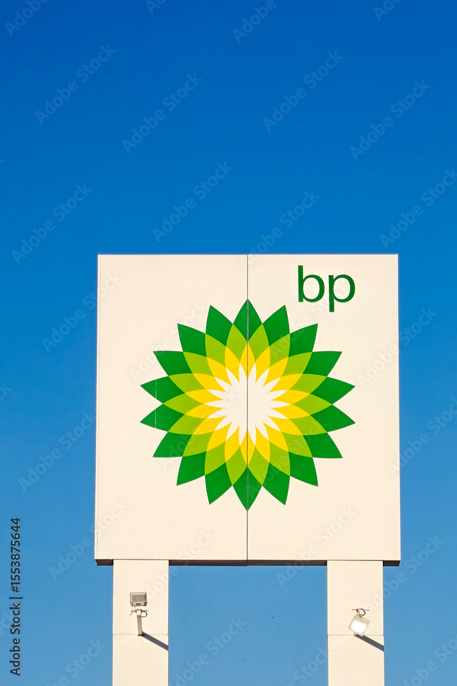 Benidorm, Spain - May 28, 2025: BP Gas Station logo sign on advertising ...