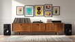 © The Little Hut - Modern living room with vintage wooden media console displaying vinyl records and colorful abstract artwork on wall