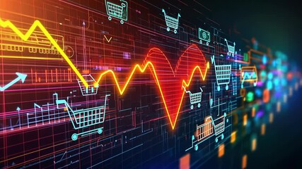 Wall Mural - glowing lines intertwining to form shopping carts alongside a heart shaped chart, symbolizing the ri