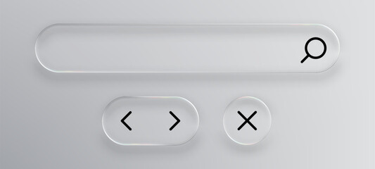 Clear liquid glass search bar with magnifying glass icon and navigation buttons for web design interface elements.