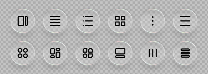 set of black user interface control icons displayed on liquid glass circles. modern application and 