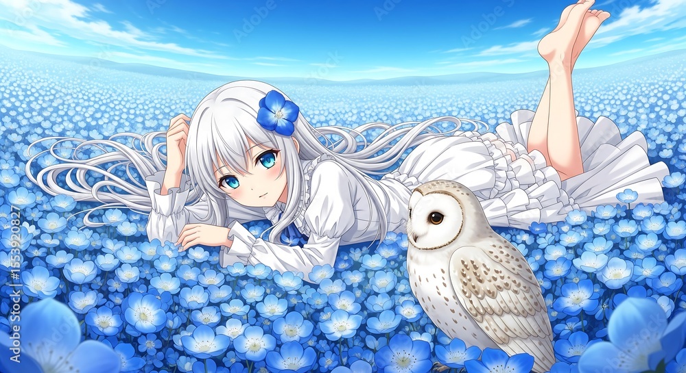 Anime girl with white hair and blue eyes lies in a field of blue ...