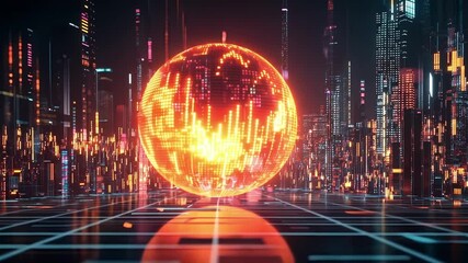 Wall Mural - digital art featuring a large, glowing sphere emanating light and data streams within a futuristic c
