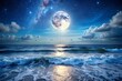 © Jesmin - A full moon shines brightly over a tranquil ocean beach at night