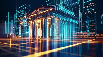 Wall Mural - glowing holographic projection of a bank building is emerging from a digital data stream, representi