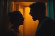 © LimeSky - Distressed couple in conflict abusive confrontation in a dark apartment hallway