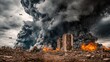 © mahir - A ravaged cityscape engulfed in smoke and flames.