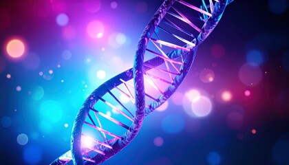 Wall Mural - bright, glowing blue and purple abstract dna design with a shiny, star-filled night sky backdrop and