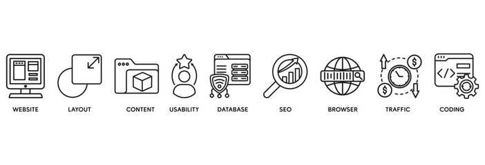 Web design icon set vector illustration concept relate to website, layout, content, usability, database, seo, browser, traffic and coding