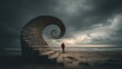 © Texture - Solitary figure gazes at ocean beside a spiral stone staircase under a brooding sky