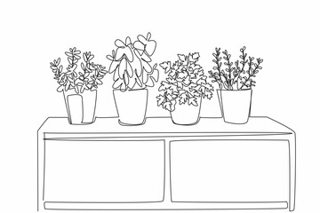 Wall Mural - continuous one line drawing 4 pots containing various plants on top of cupboard. herbal plants. as c