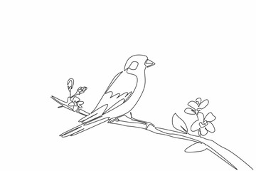 Wall Mural - single continuous line drawing the greenfinch bird perched on a tree branch with leaves and flowers.