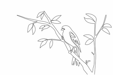 Wall Mural - single continuous line drawing red winged blackbird perched on a tree branch with leaves. beautiful 