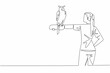 © Simple Line - Single continuous line drawing the great horned owl perched on hand of woman. It has large and striking ear tufts. King of all owls. The owl. Woman Holding Bird. One line design vector illustration