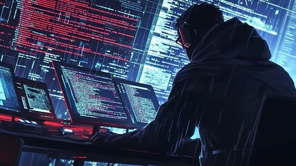 Hacker at work with glowing code