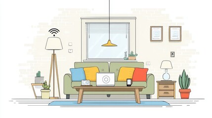 Internet of things home setup flat design front view modern interior theme cartoon drawing colored pastel.