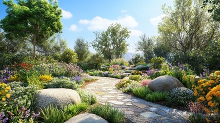 Wall Mural - lush garden path winding through vibrant flowers and green trees. use for landscaping designs, peace