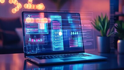 Cybersecurity Night: Laptop Displaying Futuristic Interface