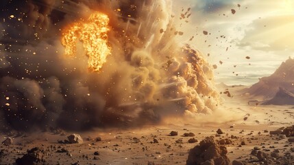 Wall Mural - Giant meteor crashing into desert terrain, explosion, dust clouds, dramatic lighting, cinematic impact scene.