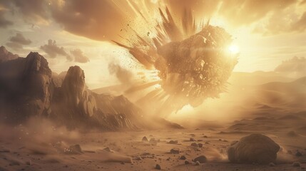 Wall Mural - Giant meteor crashing into desert terrain, explosion, dust clouds, dramatic lighting, cinematic impact scene.