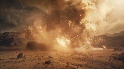 Wall Mural - Giant meteor crashing into desert terrain, explosion, dust clouds, dramatic lighting, cinematic impact scene.