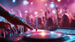 © Naufal - Close up of DJ hands adjusting turntable and mixer, vibrant nightlife atmosphere, music performance concept, professional sound equipment for party and club events.