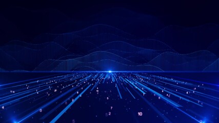 Wall Mural - abstract digital data wave glowing particles dynamic lines dark background, technology data visualiz