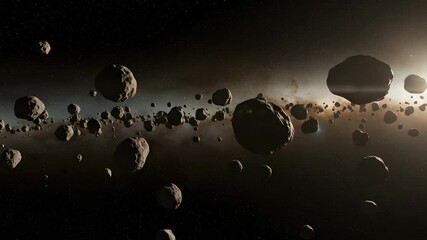 Wall Mural - detailed asteroid field in deep space with star illumination and cosmic dust cloud
