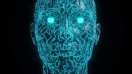Canvas Print - digital human face with glowing blue eyes on black background representing artificial intelligence a