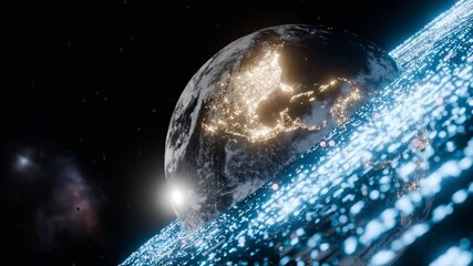 Wall Mural - earth showing illuminated north and central america with blue light trails in outer space. united st