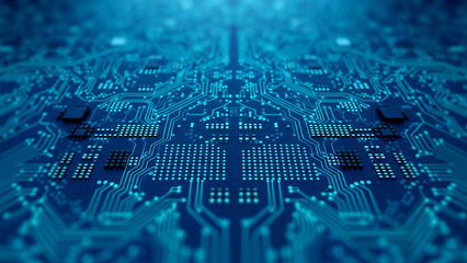 Blue computer circuit board abstract close up with intricate details and depth of field. Great for AI hardware illustrations, advanced chip mockups