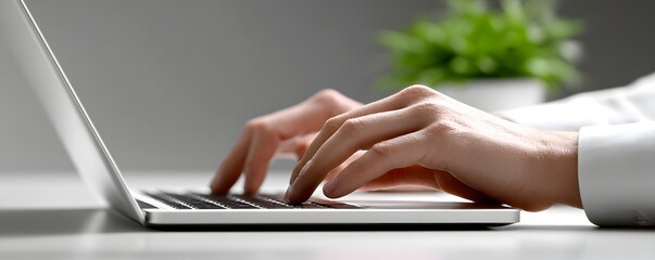 Wall Mural - a doctor conducting a virtual consultation via a laptop, captured in a candid, documentary photograp