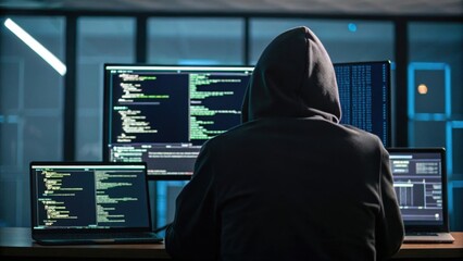 a person in a hoodie is coding on multiple screens in a dark room, suggesting cybersecurity or hacki