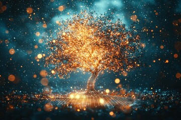 Wall Mural - Illuminated digital tree, glowing branches, ethereal background