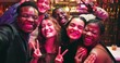 © Nina2025/peopleimages.com - Selfie, peace sign and party with friends at night club for social media, reunion and disco event. Happiness, celebration and photography pov with people at bar for culture, weekend and new years