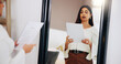 © FantiS/peopleimages.com - Practice, speech and woman in mirror in home for public speaking, presentation and monologue. Talking, reflection and person with paperwork, documents and reading for oral, proposal and lecture