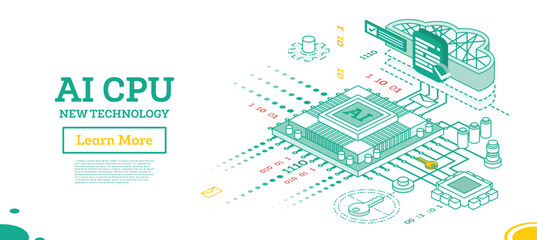 Wall Mural - isometric illustration of ai cpu technology with binary code, cloud storage, and secure data flow. c