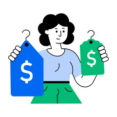 Canvas Print - Flat style illustration showing buyer comparing prices of items

