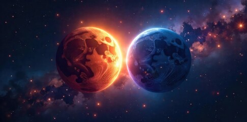 Wall Mural - Two celestial bodies mirroring each other, a cosmic dance of light and shadow Perfect for astrology, astronomy, space exploration, and fantasy themes , paired stars, shadow
