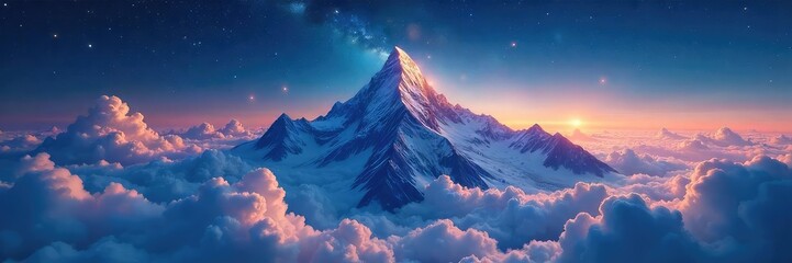Wall Mural - A majestic mountain range piercing the clouds, resembling a colossal universe, stars twinkling in the night sky above , Milky Way, landscape