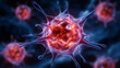 © Helga - glowing red and purple tones against a blue biological background cancer cell, 3d render, microscopic view, oncology concept, tumor structure, red cell, blue background, cellular b